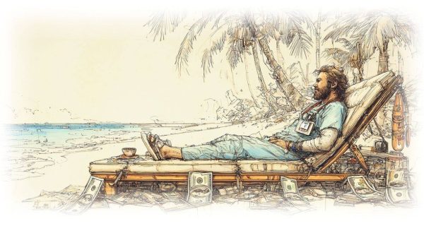 A dentist wearing scrubs and a lanyard name tag reclines on a lounge chair on a tropical beach surrounded by money laying on the sand and palm trees