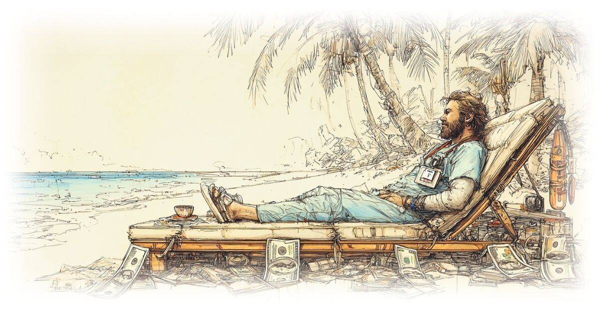 A dentist wearing scrubs and a lanyard name tag reclines on a lounge chair on a tropical beach surrounded by money laying on the sand and palm trees